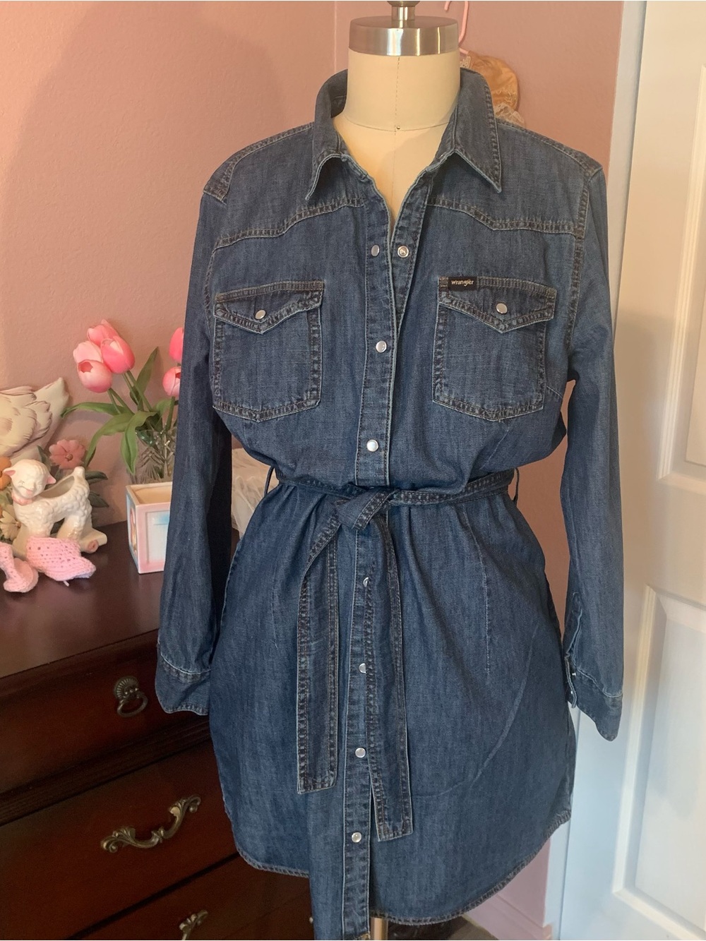 WRANGLER Dark Blue Denim Shirt Dress with Tie Waist